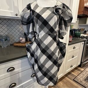 Burberry London Blue Label Black White Plaid Puff Sleeve Silk Pencil Dress 38 S